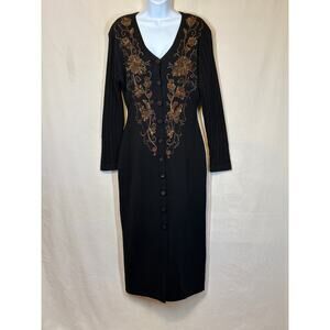 Sweater Dress VTG Black Fall Embroidered Floral w/ Metallic Thread Old Money